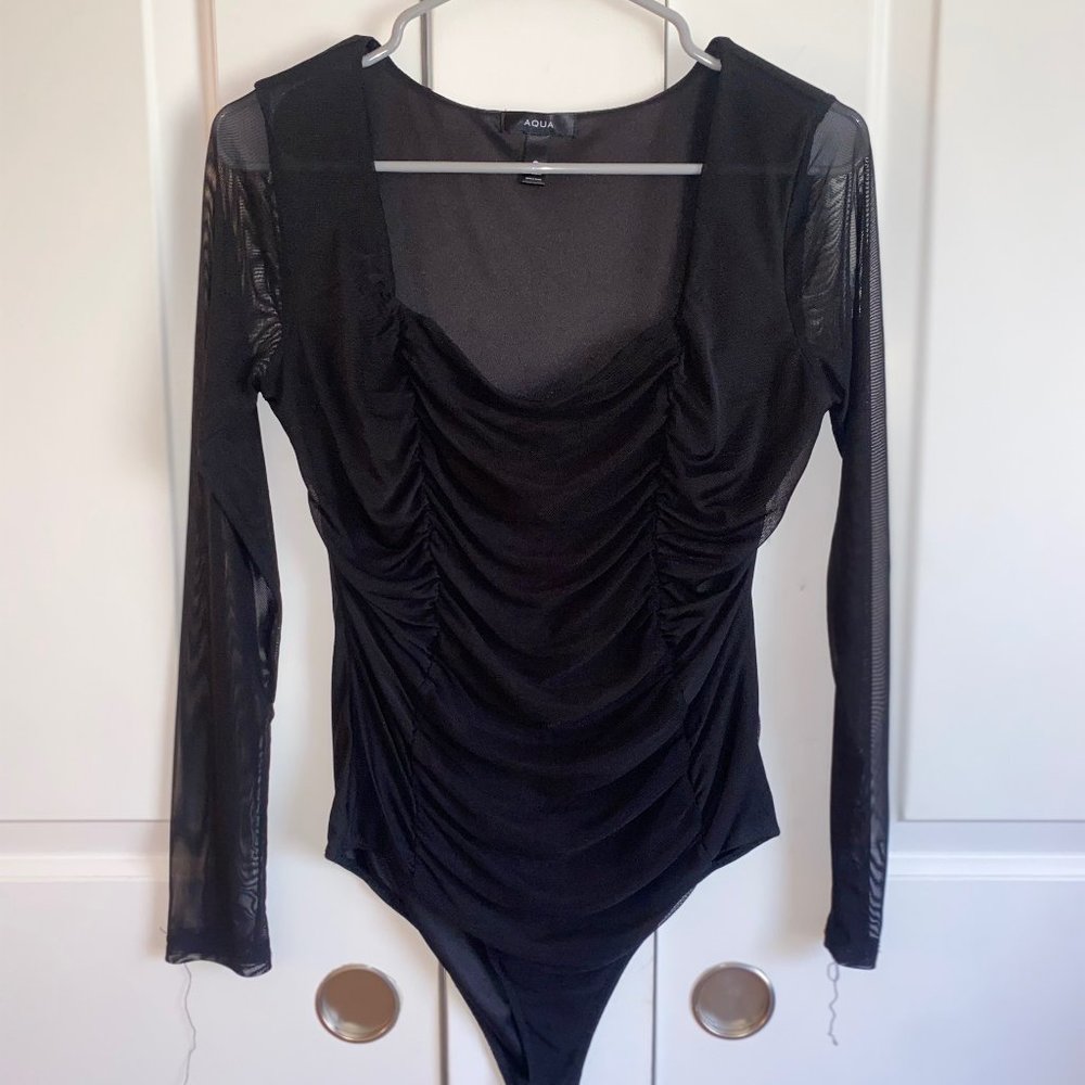 Aqua Bloomingdales Black Medium Square Neck Sheer Sleeve Bodysuit